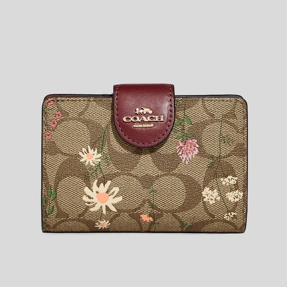 Coach Medium Corner Zip Wallet In Signature Canvas With Wildflower - Picture 1 of 2